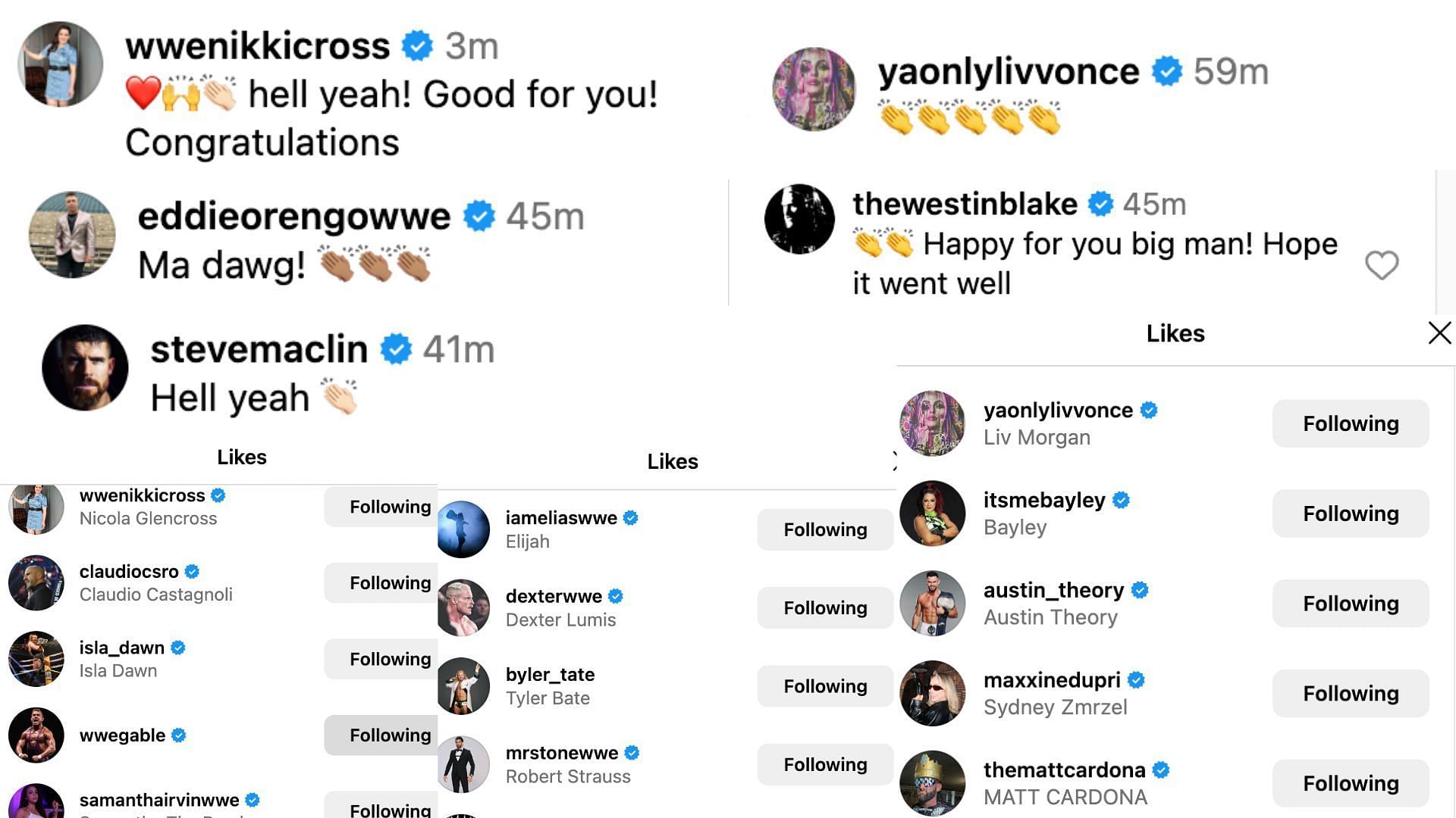 Stars react to Crews' post on Instagram.